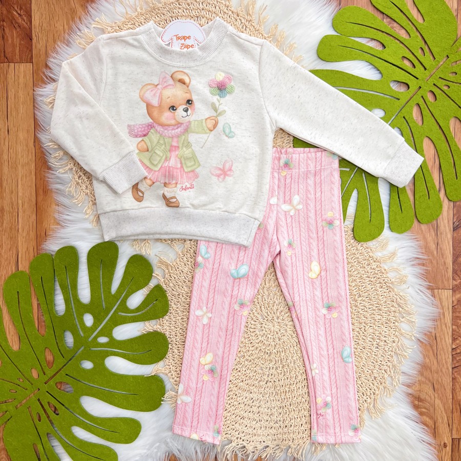 Conj. Casaco de Linha Ursinha com Flor de Crochê e Calça Legging - Areia e Rosa